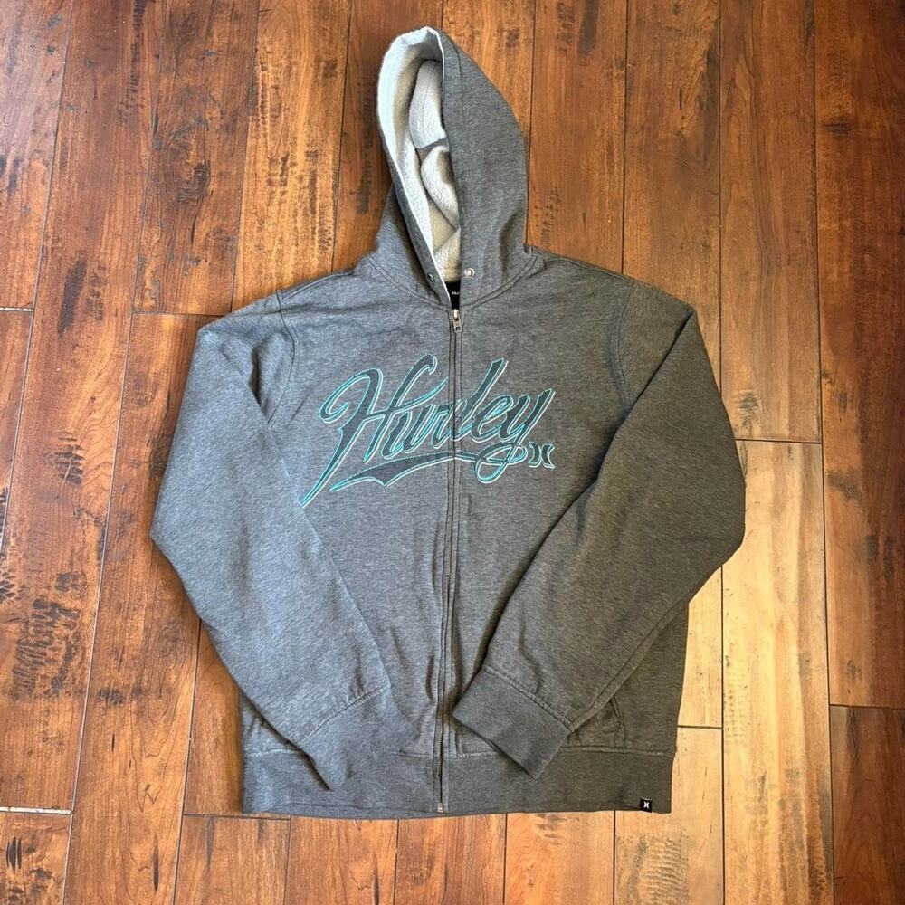 Y2K Skater Surfer Hurley M Zip Up Thumbholes Graphic Spellout Zip Up Hoodie
